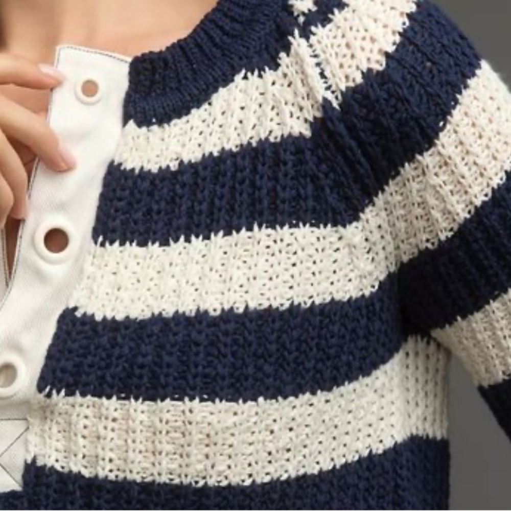 Anthropologie Pilcro Bell Sleeve Henley Navy Stripes nautical Sweater size S - Picture 3 of 9